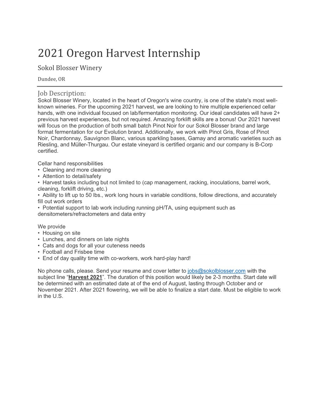 2021 Oregon Harvest Internship Sokol Blosser Winery Dundee, OR