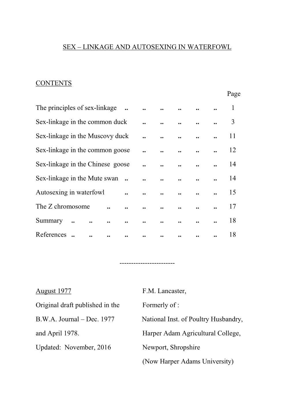 Sex – Linkage and Autosexing in Waterfowl