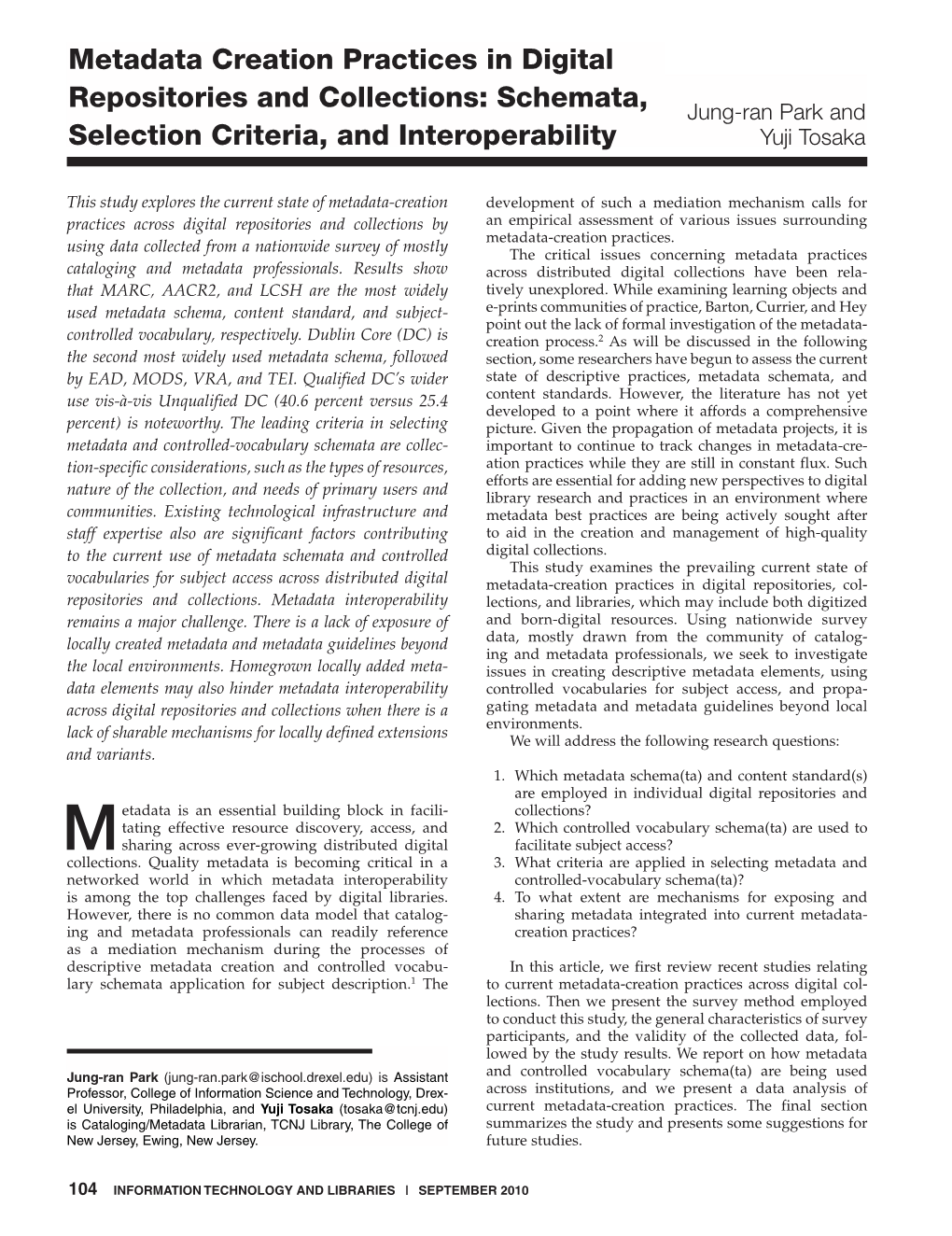 Metadata Creation Practices in Digital Repositories and Collections