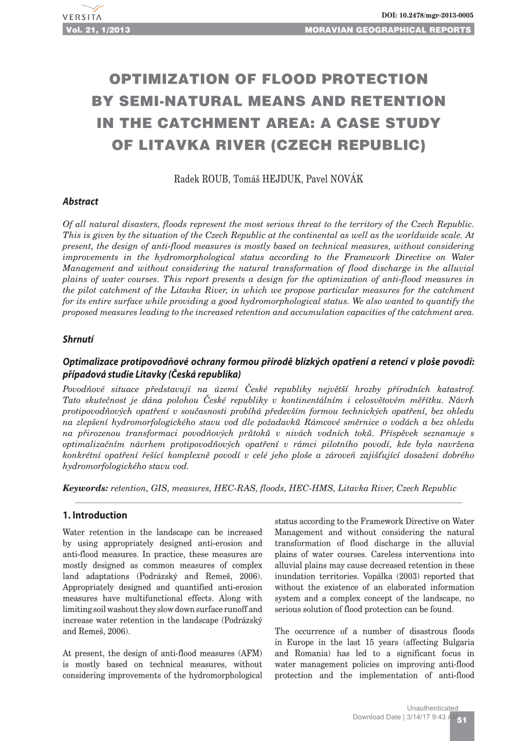 Optimization of Flood Protection by Semi-Natural Means and Retention in the Catchment Area: a Case Study of Litavka River (Czech Republic)