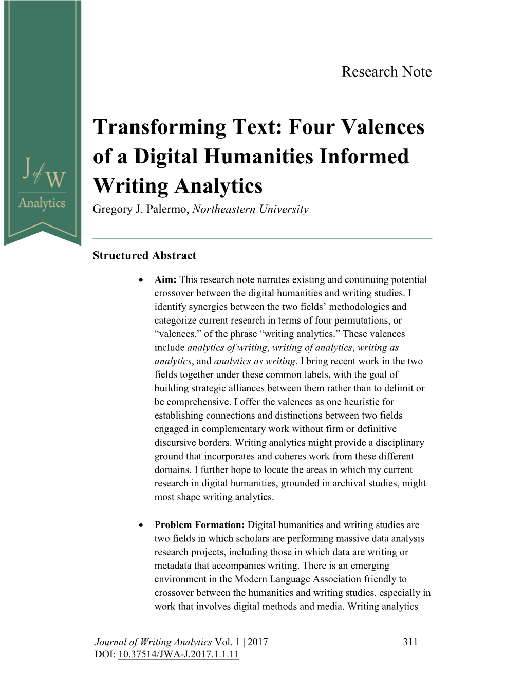 Four Valences of a Digital Humanities Informed Writing Analytics Gregory J