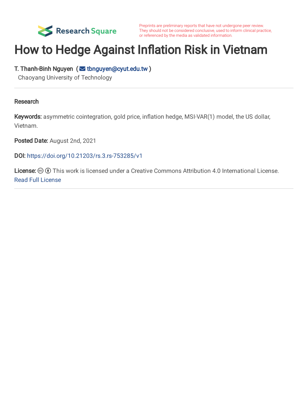How to Hedge Against in Ation Risk in Vietnam