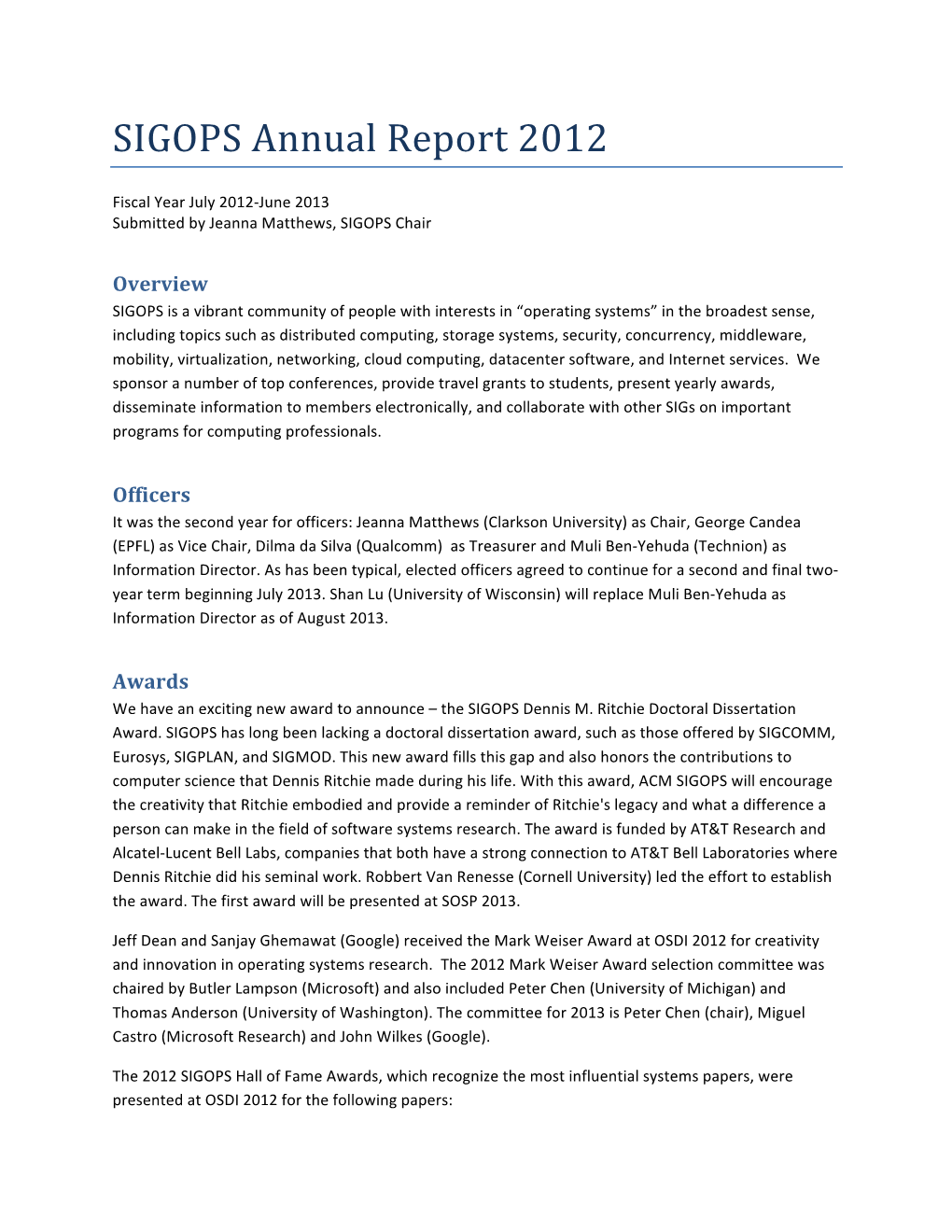 SIGOPS Annual Report 2012