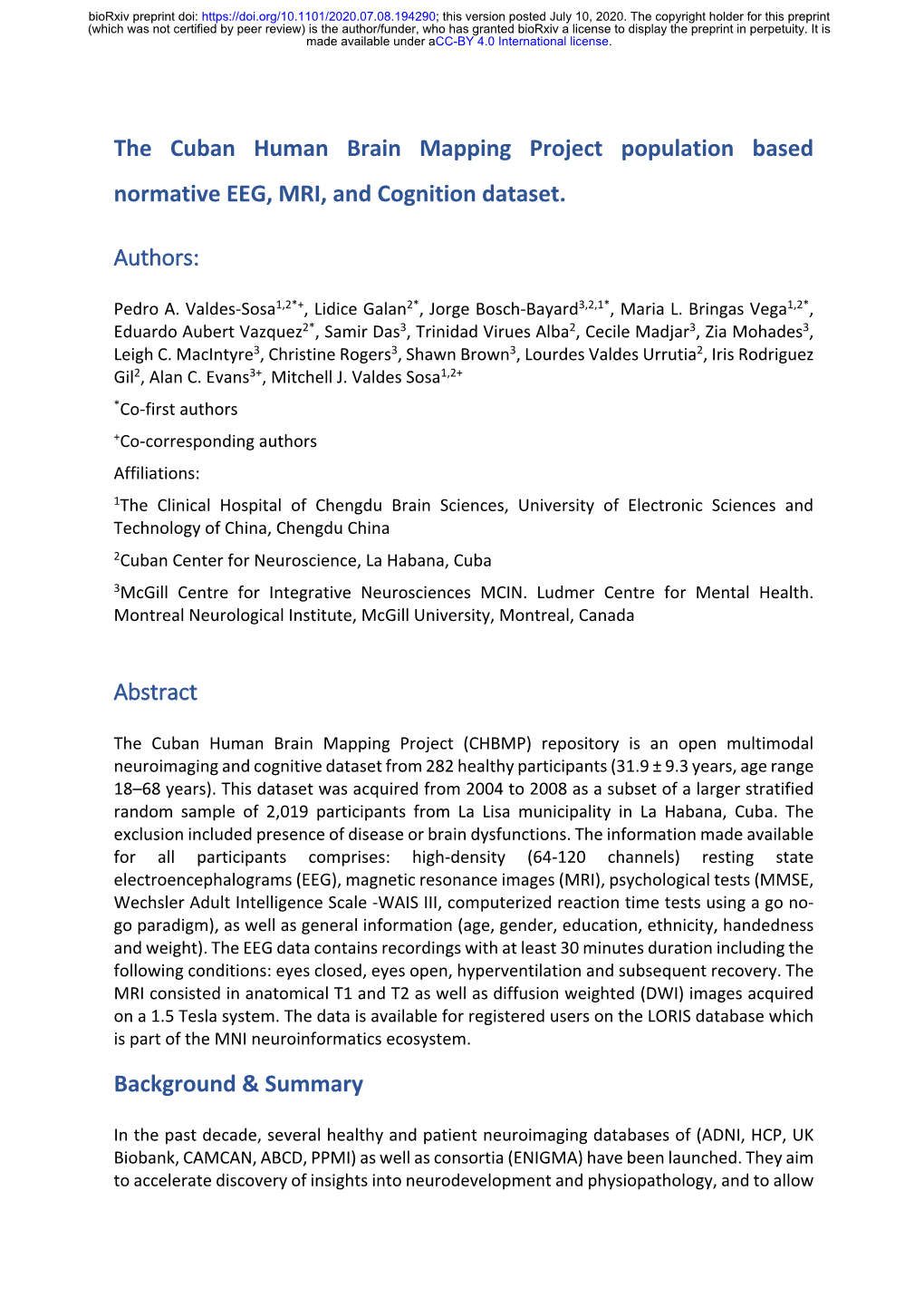 The Cuban Human Brain Mapping Project Population Based Normative EEG, MRI, and Cognition Dataset