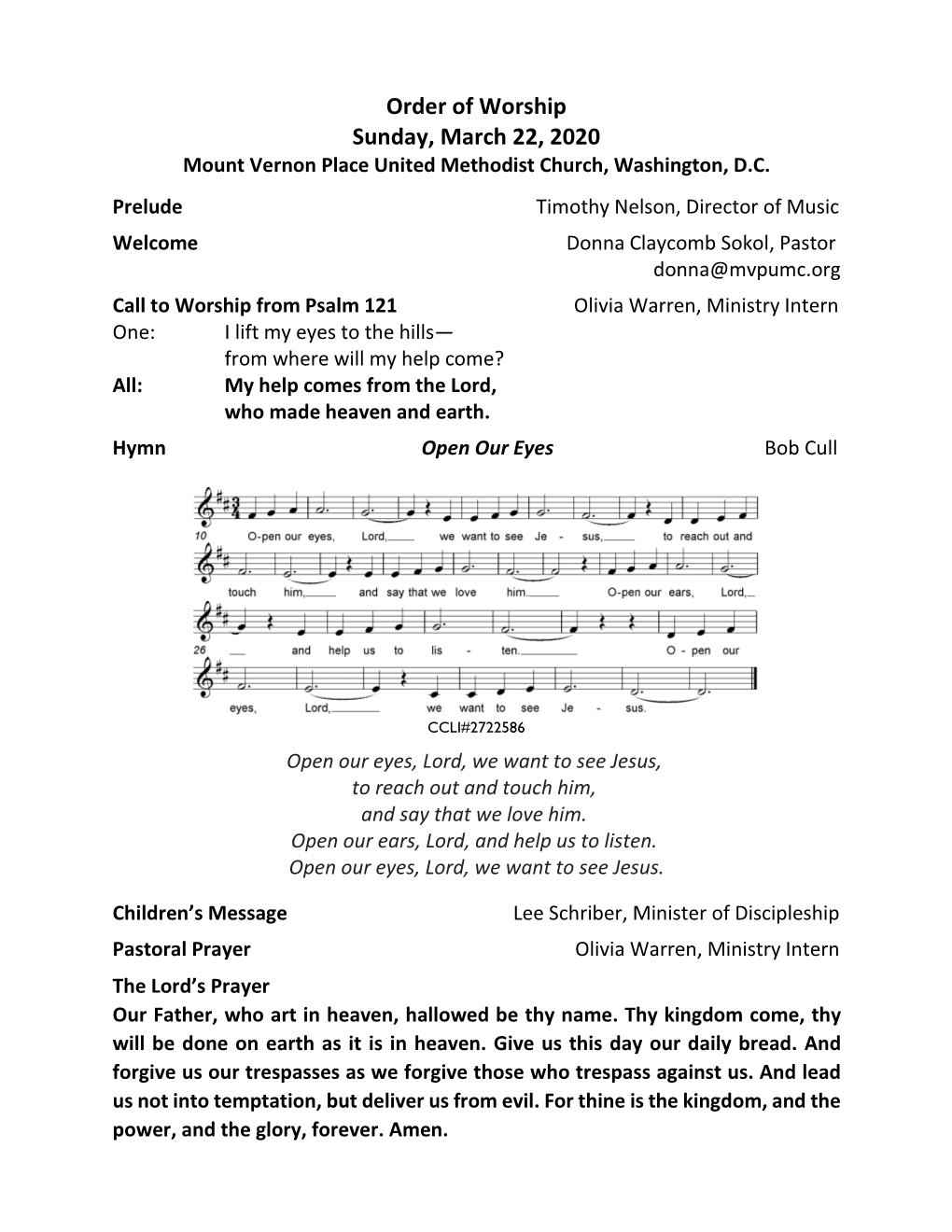 Order of Worship Sunday, March 22, 2020 Mount Vernon Place United Methodist Church, Washington, D.C