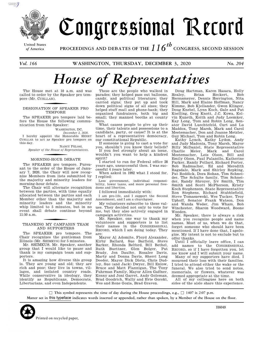 Congressional Record United States Th of America PROCEEDINGS and DEBATES of the 116 CONGRESS, SECOND SESSION