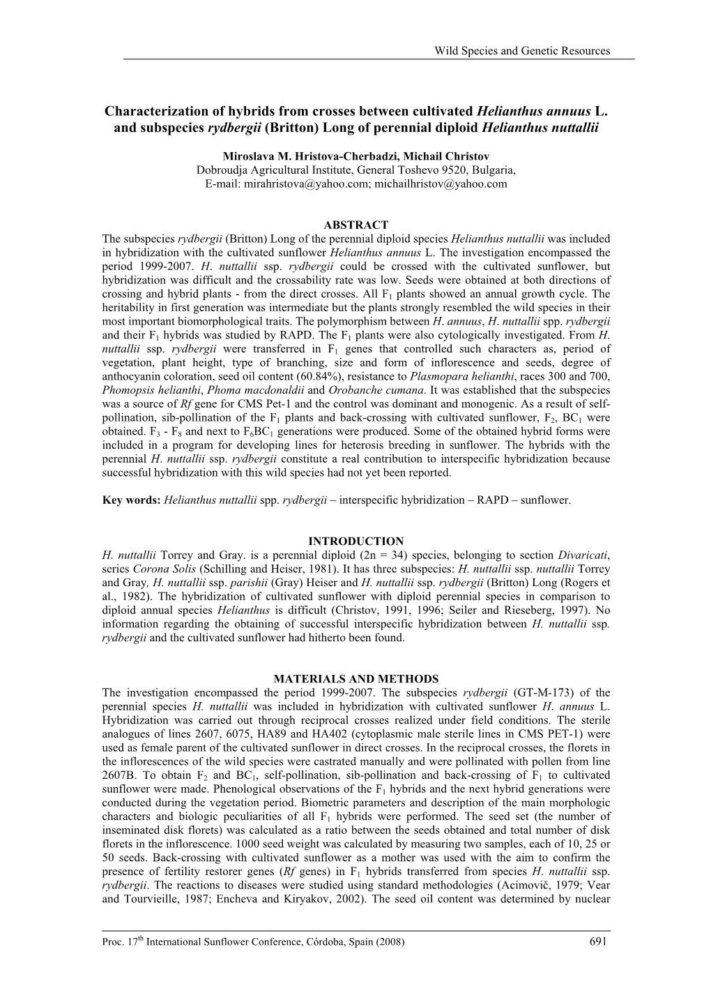 Characterization of Hybrids from Crosses Between Cultivated Helianthus Annuus L