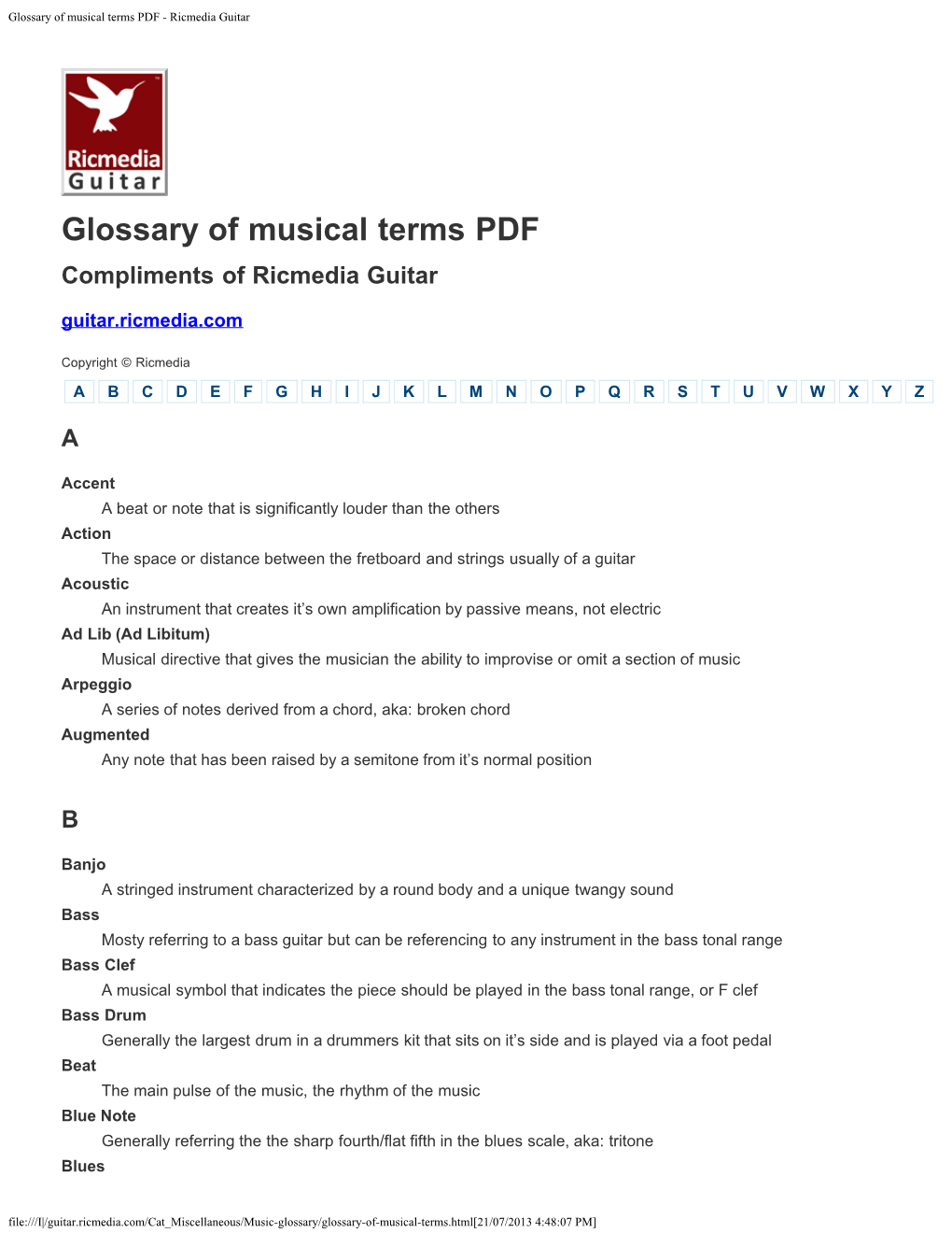 Glossary of Musical Terms PDF - Ricmedia Guitar