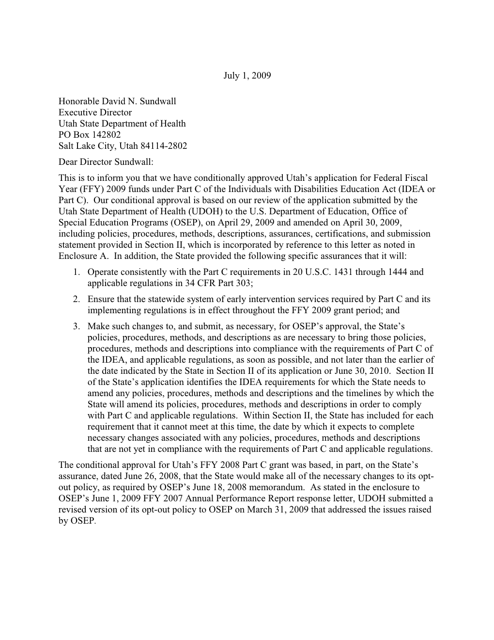 Utah IDEA 2009 Part C Grant Award Letter (Msword)