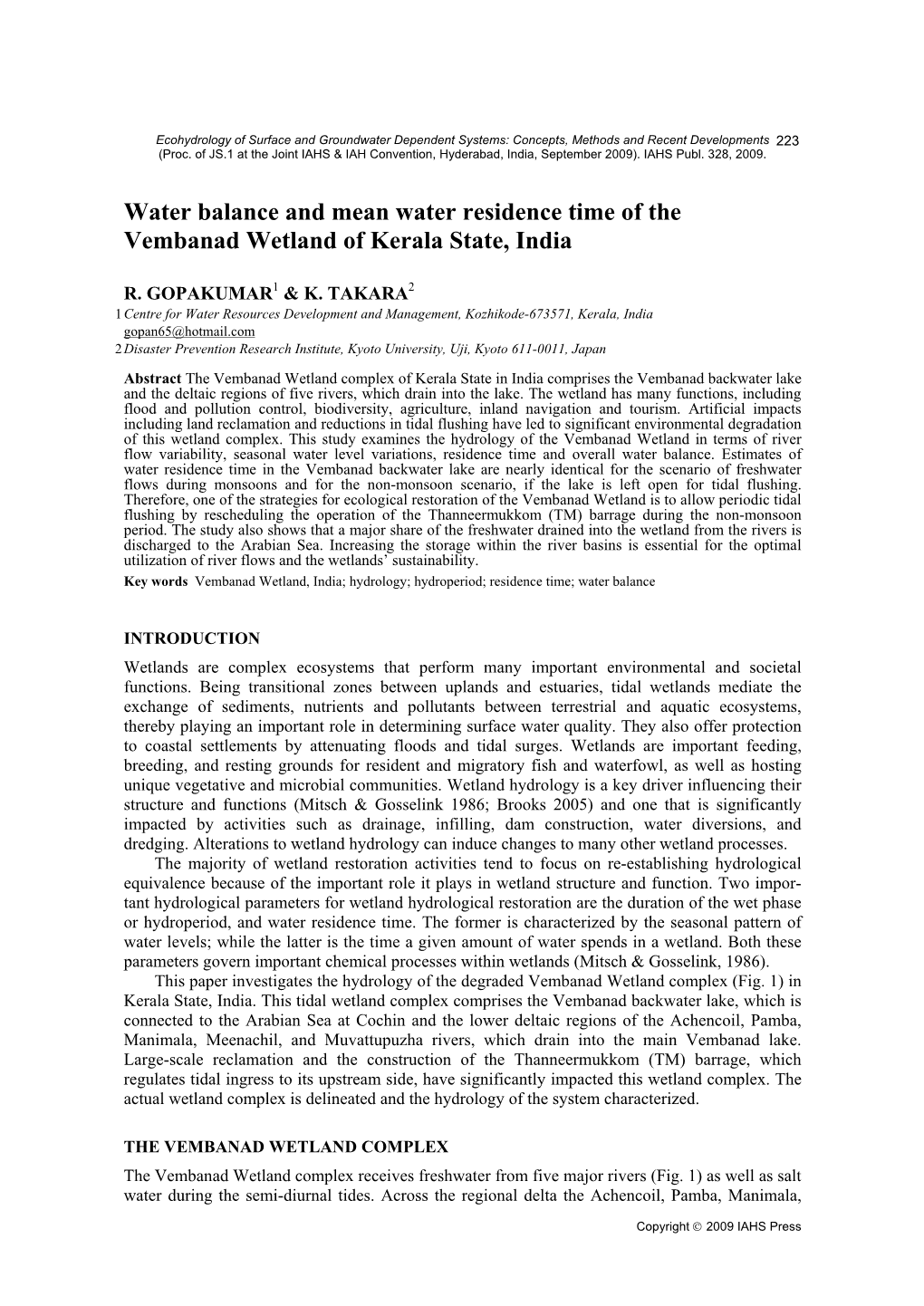 Water Balance and Mean Water Residence Time of the Vembanad Wetland of Kerala State, India