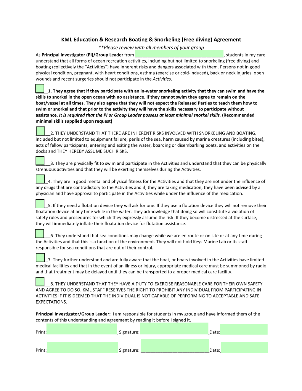 KML Education & Research Boating & Snorkeling (Free Diving) Agreement