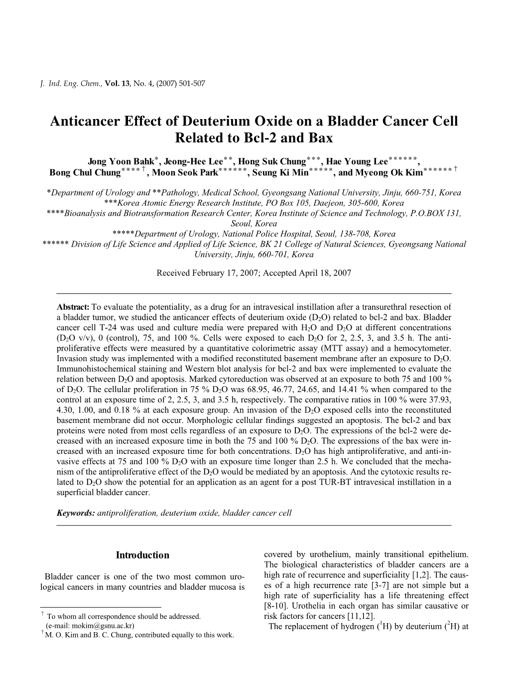 Anticancer Effect of Deuterium Oxide on a Bladder Cancer Cell Related to Bcl-2 and Bax