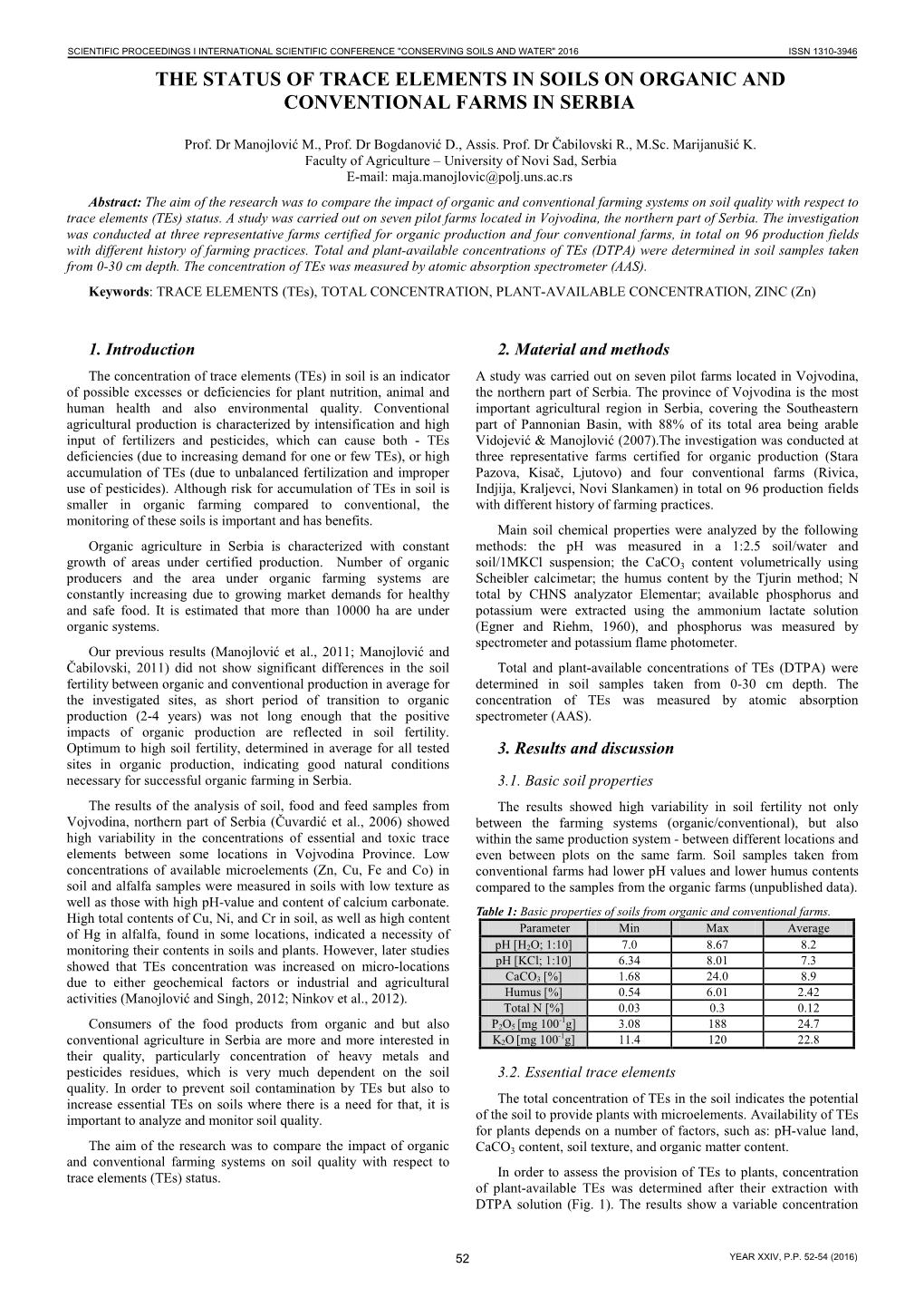 The Status of Trace Elements in Soils on Organic and Conventional Farms in Serbia