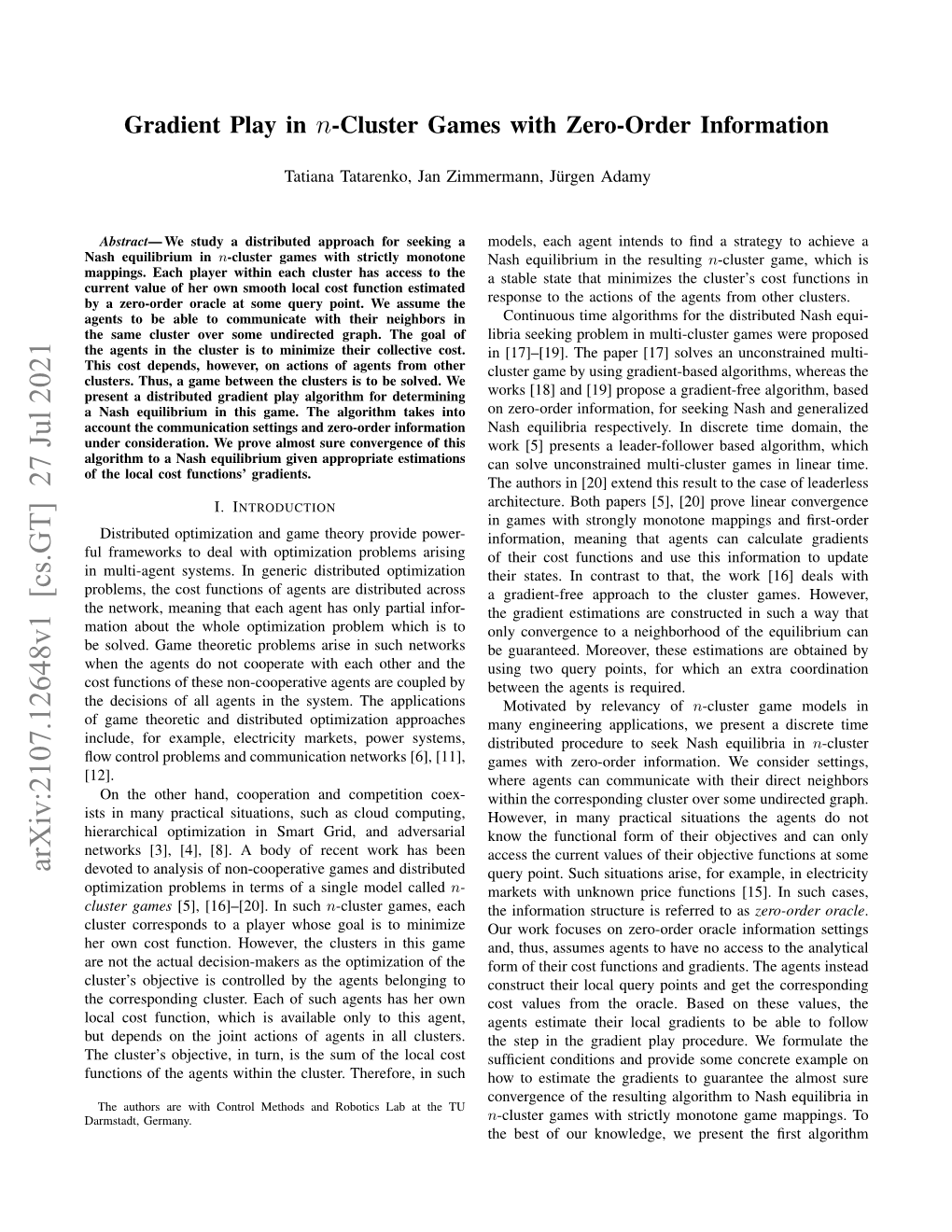 Gradient Play in N-Cluster Games with Zero-Order Information