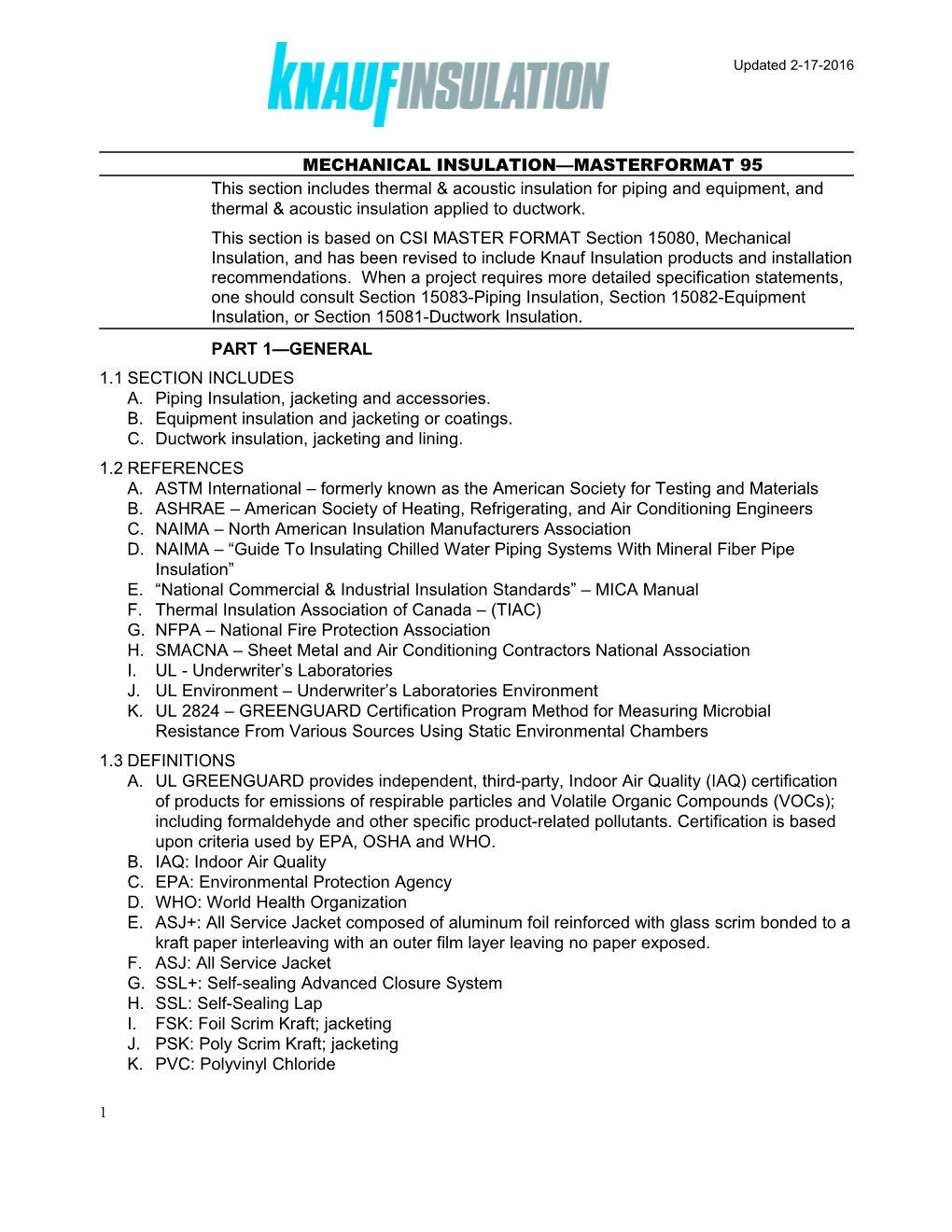 MECHANICAL INSULATION Masterformat 95