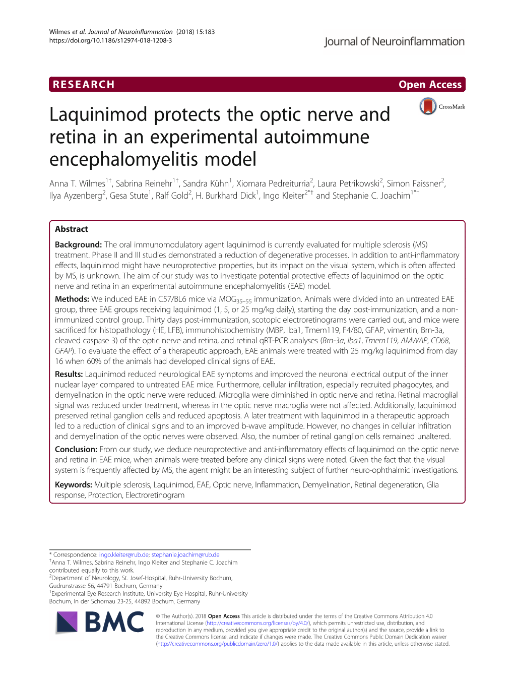 Laquinimod Protects the Optic Nerve and Retina in an Experimental Autoimmune Encephalomyelitis Model Anna T