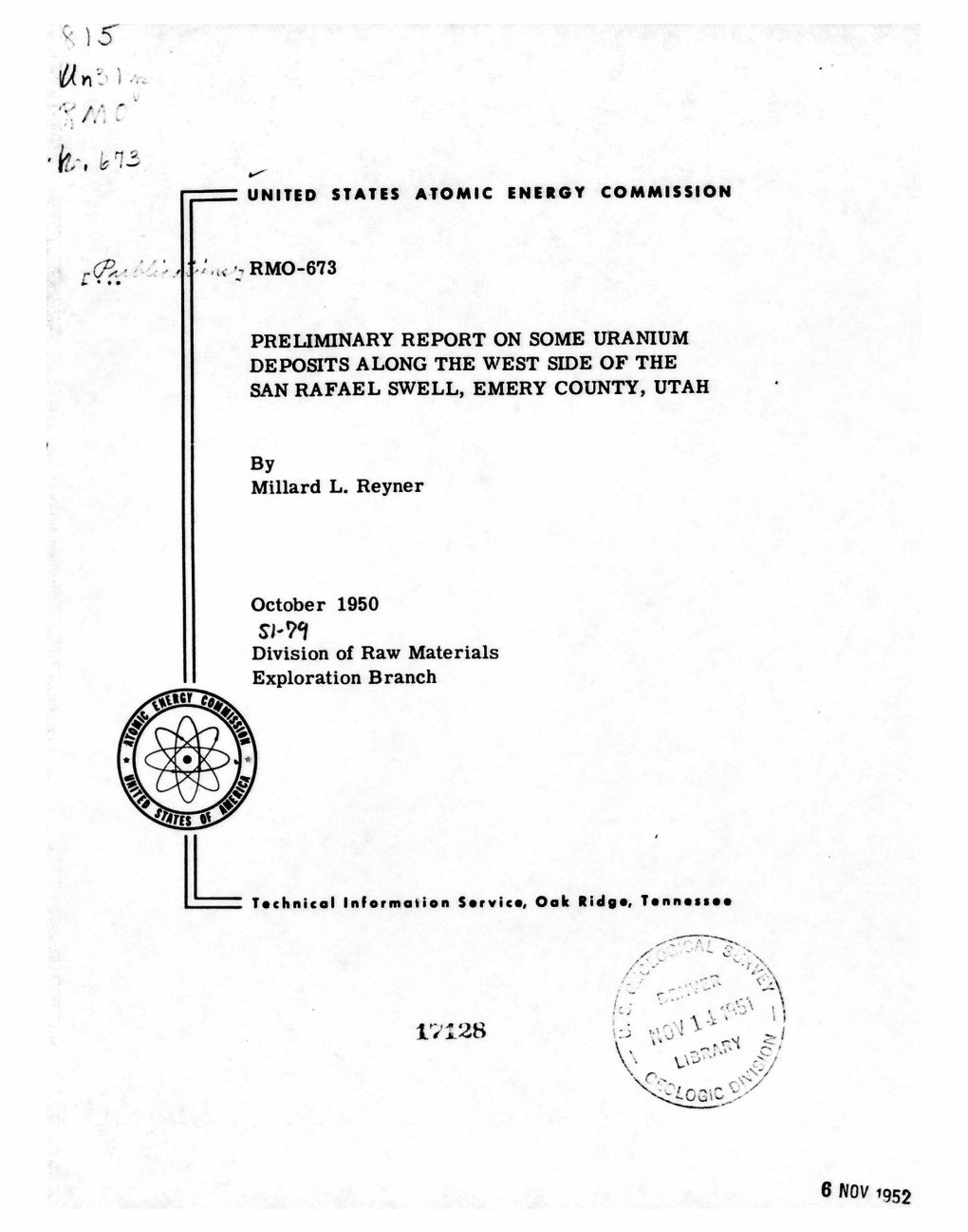 Preliminary Report on Some Uranium Deposits Along the West Side of the San Rafael Swell, Emery County, Utah