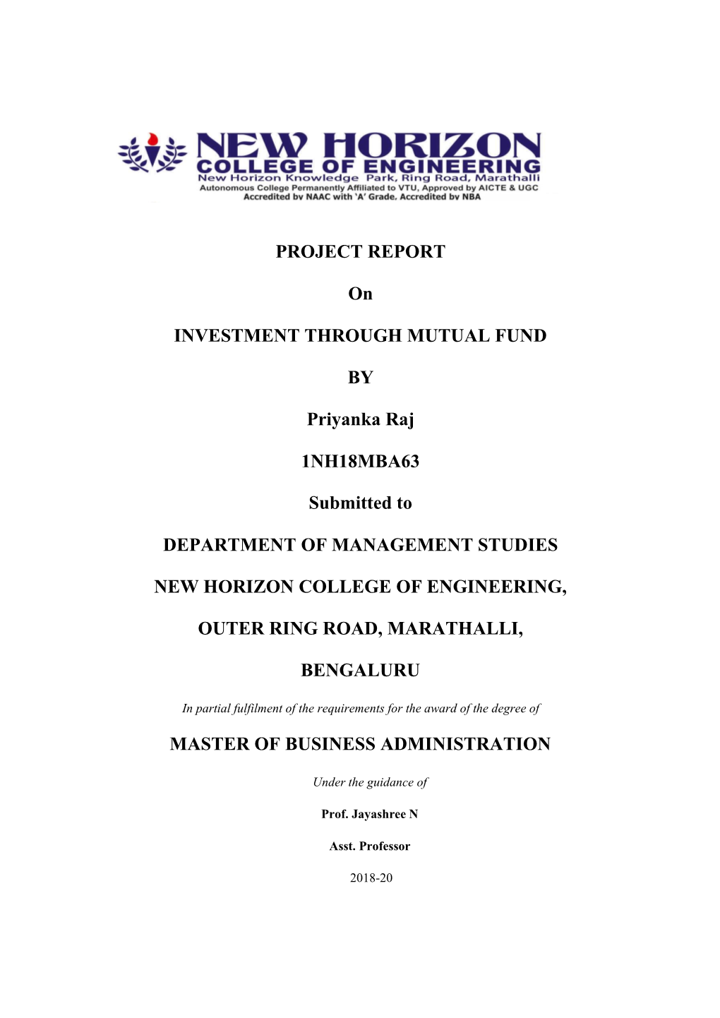 PROJECT REPORT on INVESTMENT THROUGH MUTUAL FUND BY