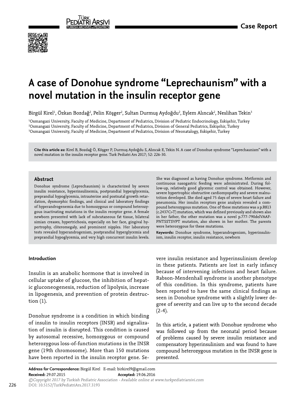 “Leprechaunism” with a Novel Mutation in the Insulin Receptor Gene