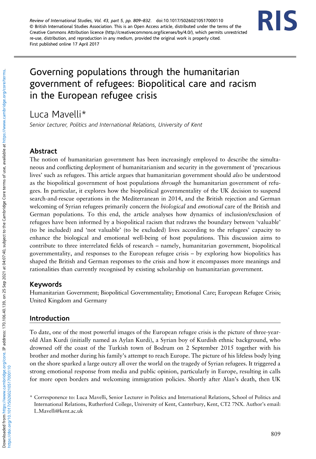 Biopolitical Care and Racism in the European Refugee Crisis Luca Mavelli*