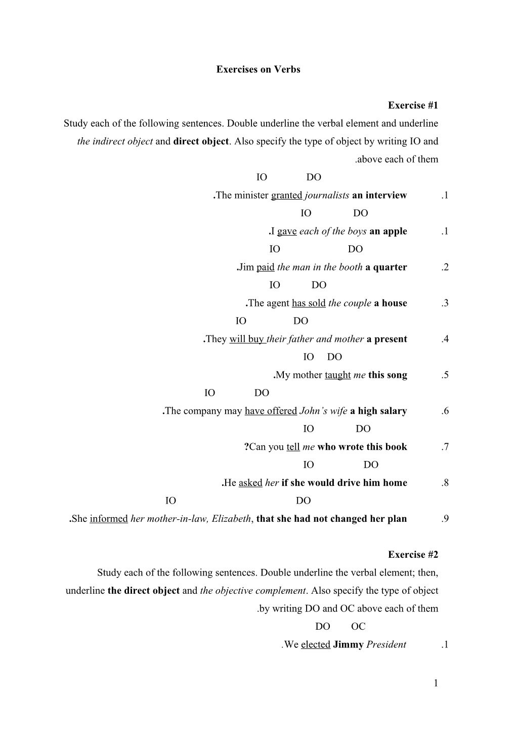 Exercises on Verbs