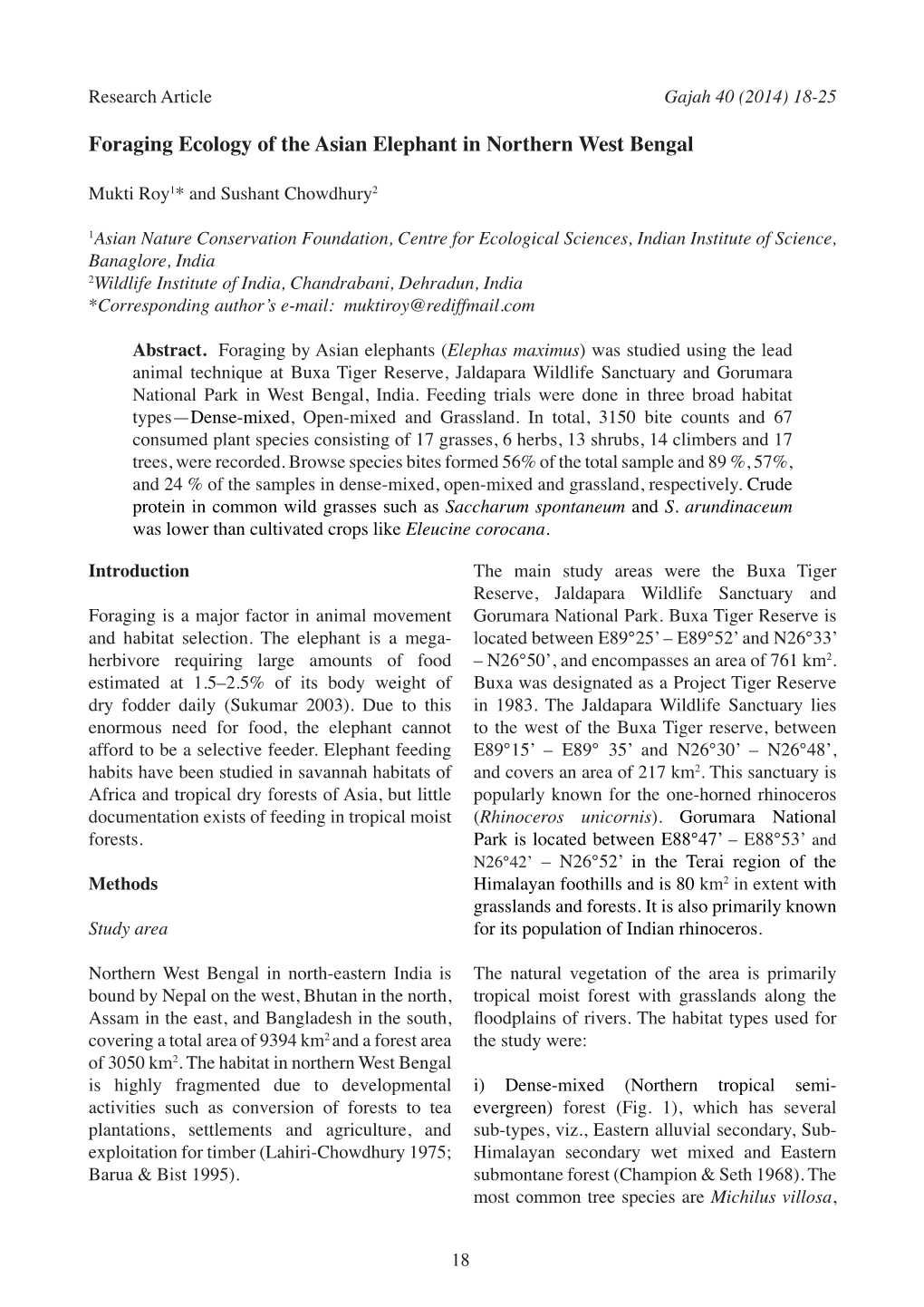 Foraging Ecology of the Asian Elephant in Northern West Bengal