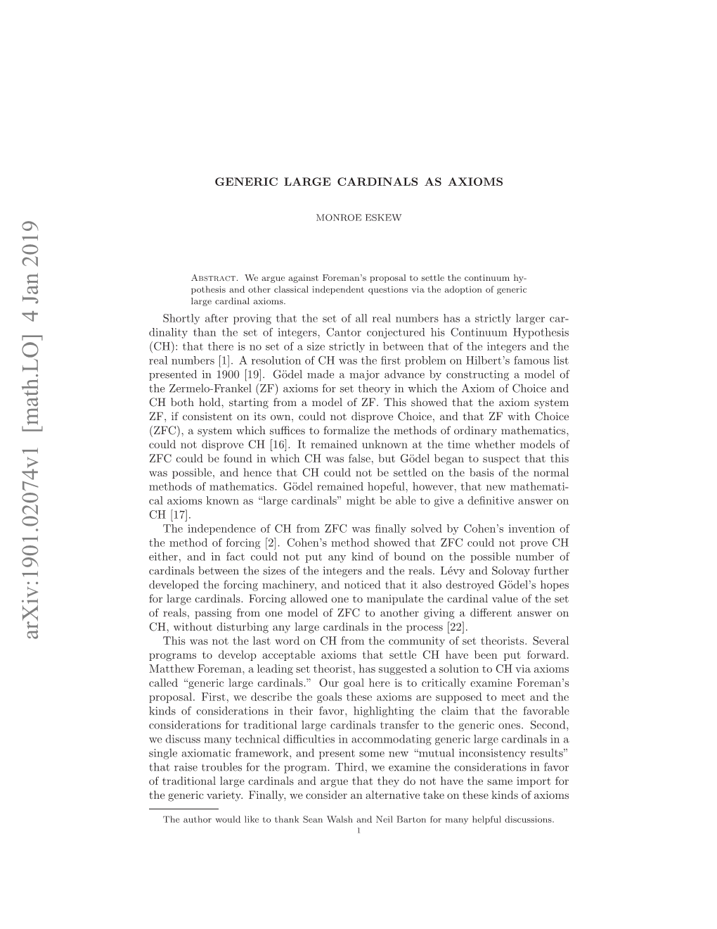 Arxiv:1901.02074V1 [Math.LO] 4 Jan 2019 a Xoskona Lrecrias Ih Eal Ogv Entv a Deﬁnitive a Give T to of Able Basis Be the Might Cardinals” [17]