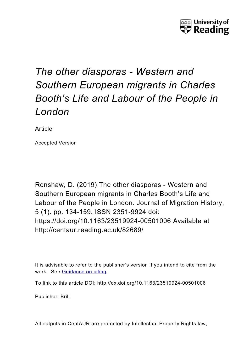 The Other Diasporas - Western and Southern European Migrants in Charles Booth’S Life and Labour of the People in London