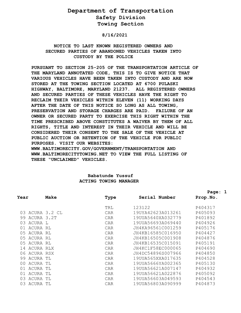 08/16/2021 Unclaimed Vehicles List