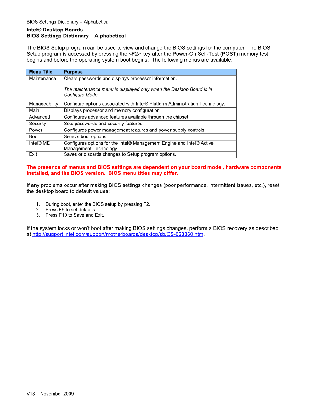 Intel® Desktop Boards BIOS Settings Dictionary – Alphabetical the BIOS