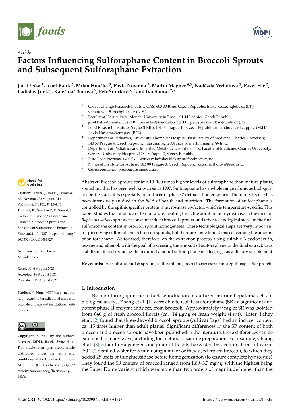 Factors Influencing Sulforaphane Content in Broccoli Sprouts and Subsequent Sulforaphane Extraction