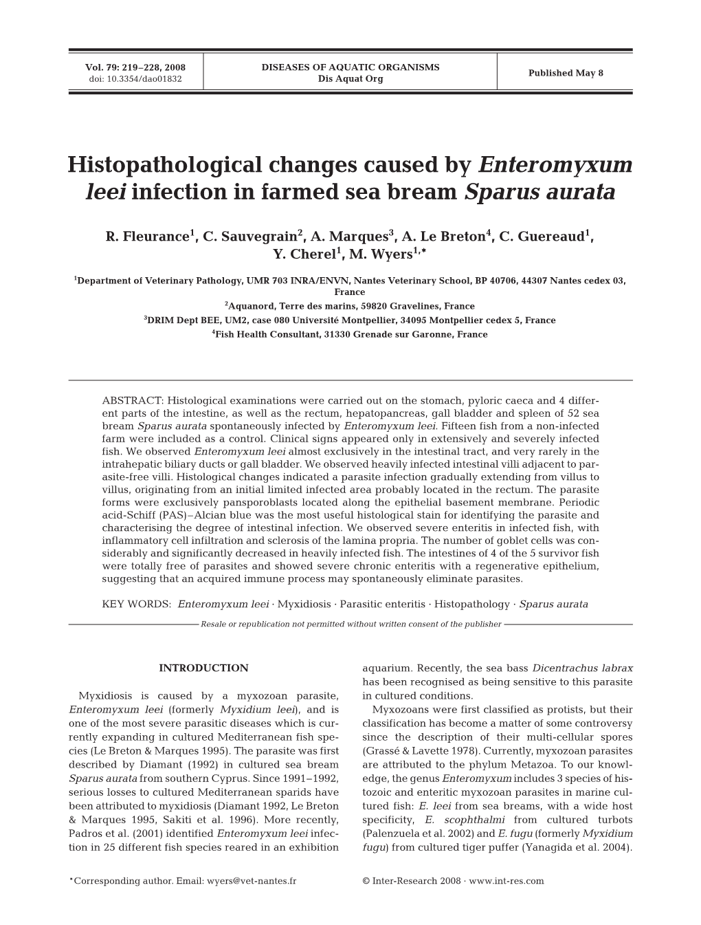 Histopathological Changes Caused by Enteromyxum Leei Infection in Farmed Sea Bream Sparus Aurata