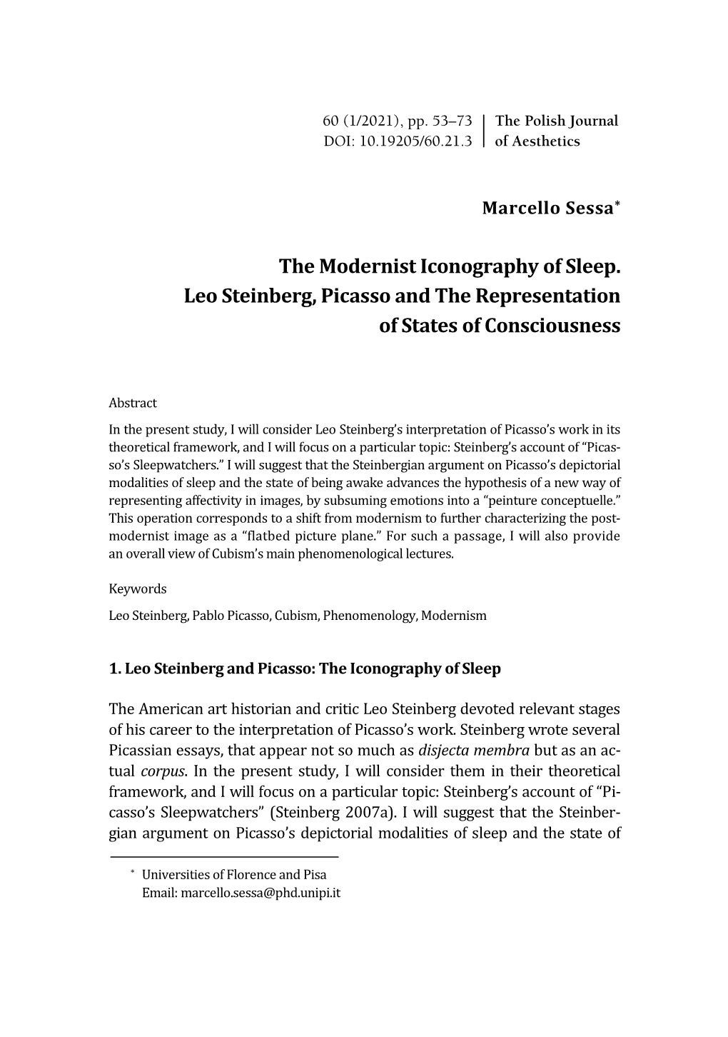 The Modernist Iconography of Sleep. Leo Steinberg, Picasso and the Representation of States of Consciousness