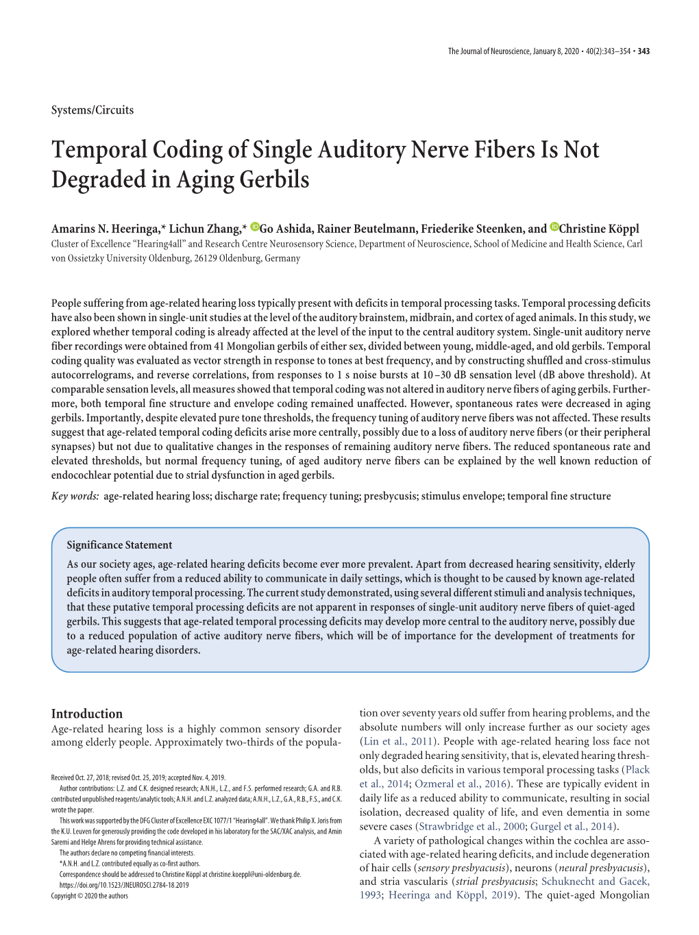 Temporal Coding of Single Auditory Nerve Fibers Is Not Degraded in Aging Gerbils