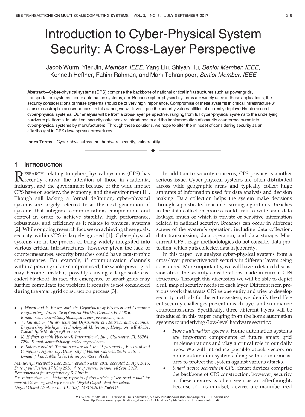 Introduction to Cyber-Physical System Security: a Cross-Layer Perspective