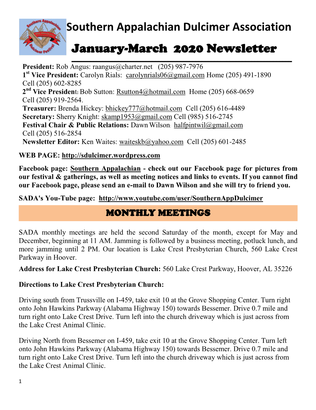 Southern Appalachian Dulcimer Association January-March 2020 Newsletter