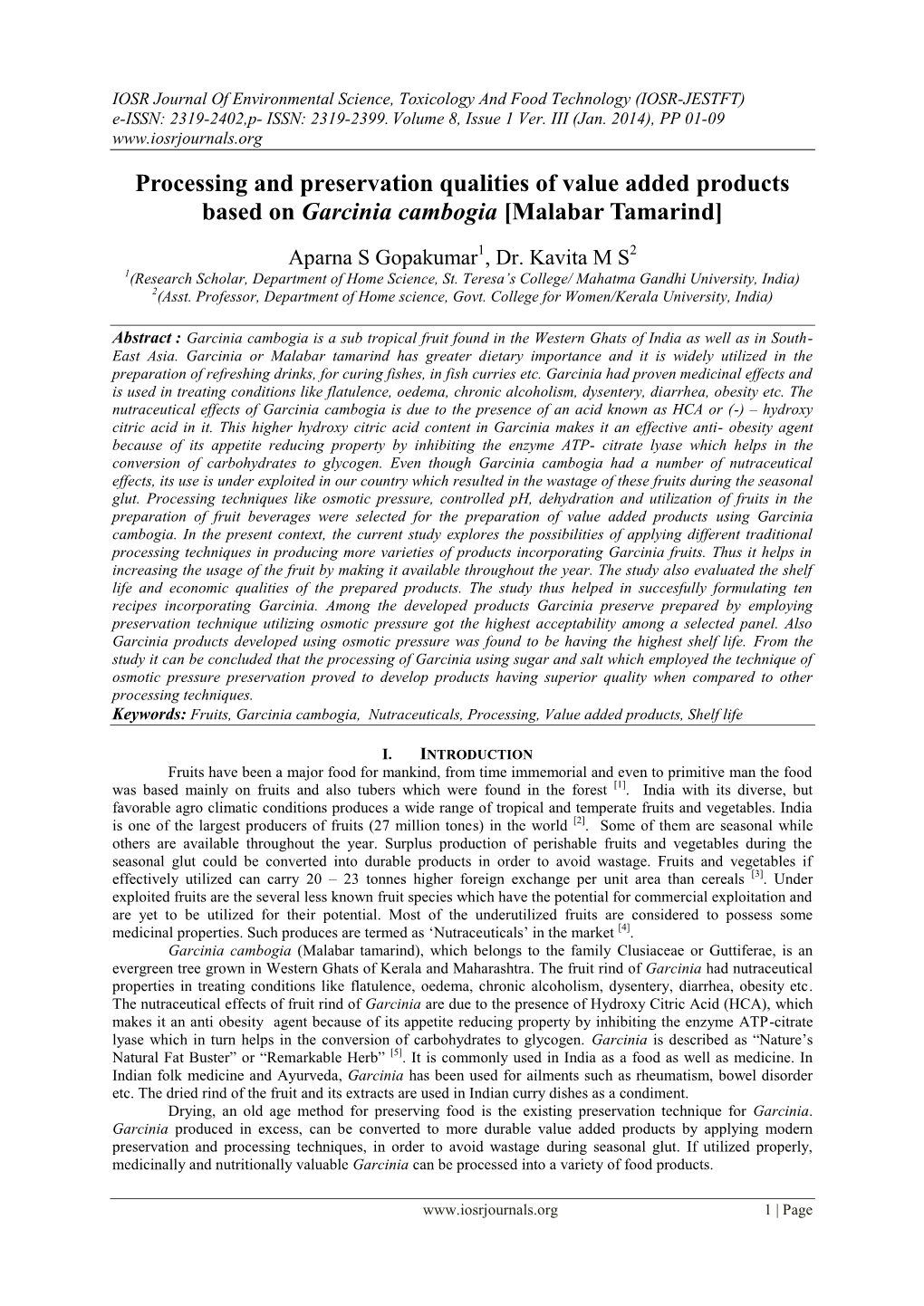 Processing and Preservation Qualities of Value Added Products Based on Garcinia Cambogia [Malabar Tamarind]