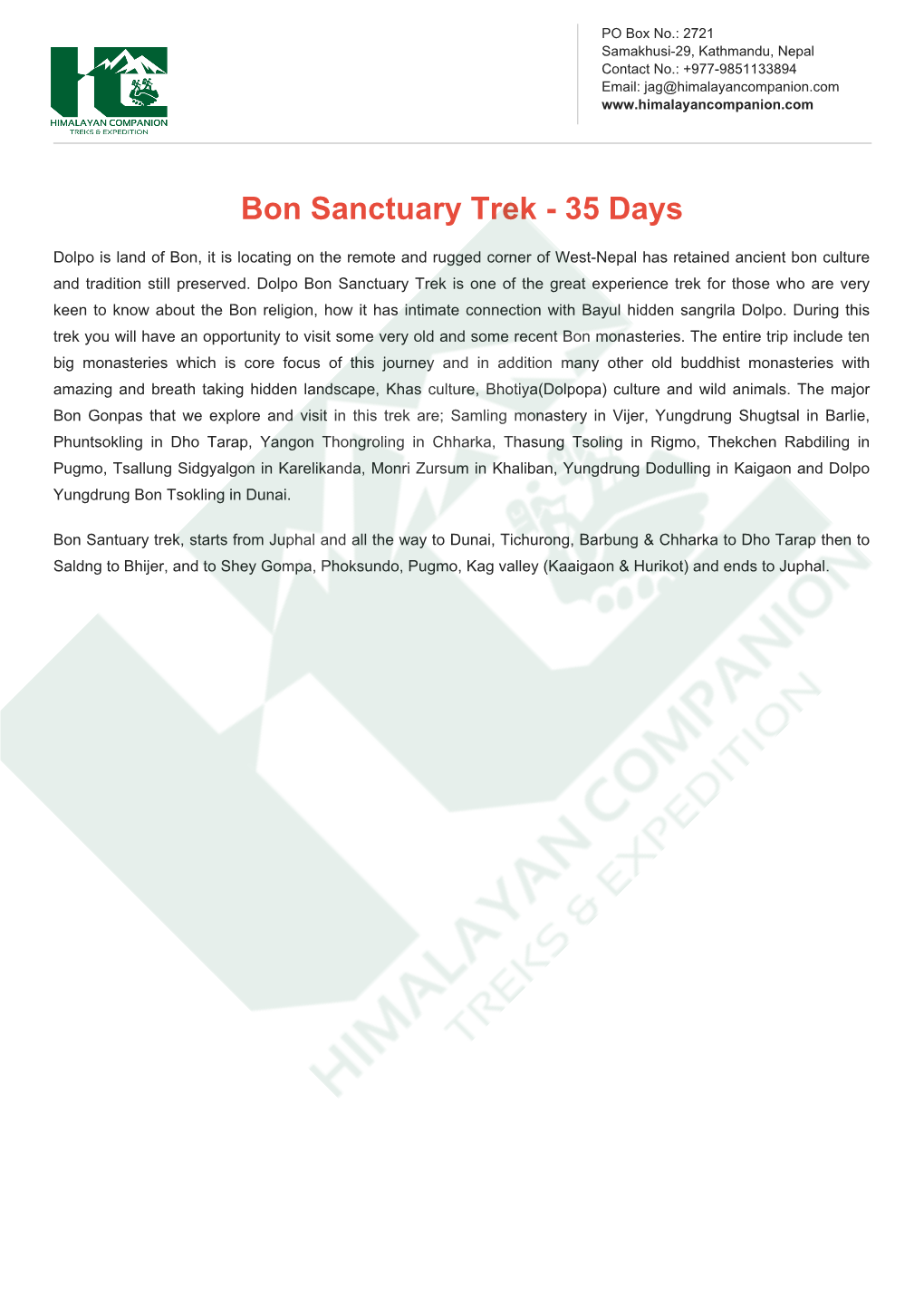 Bon Sanctuary Trek - 35 Days