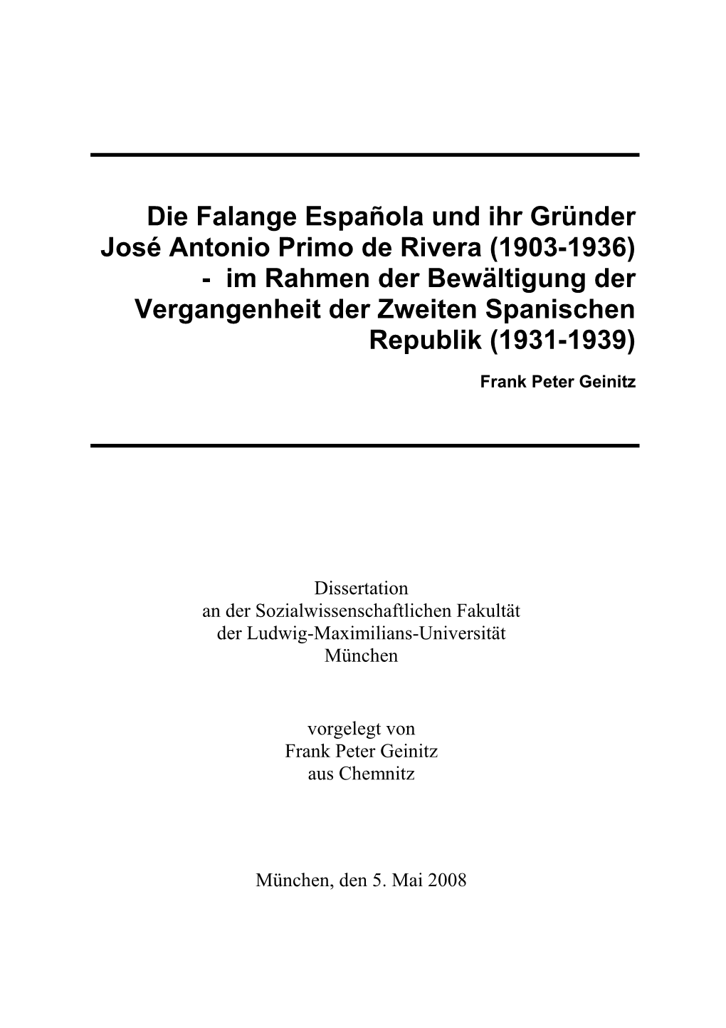 Die Falange Española Und Ihr Gründer José Antonio Primo De