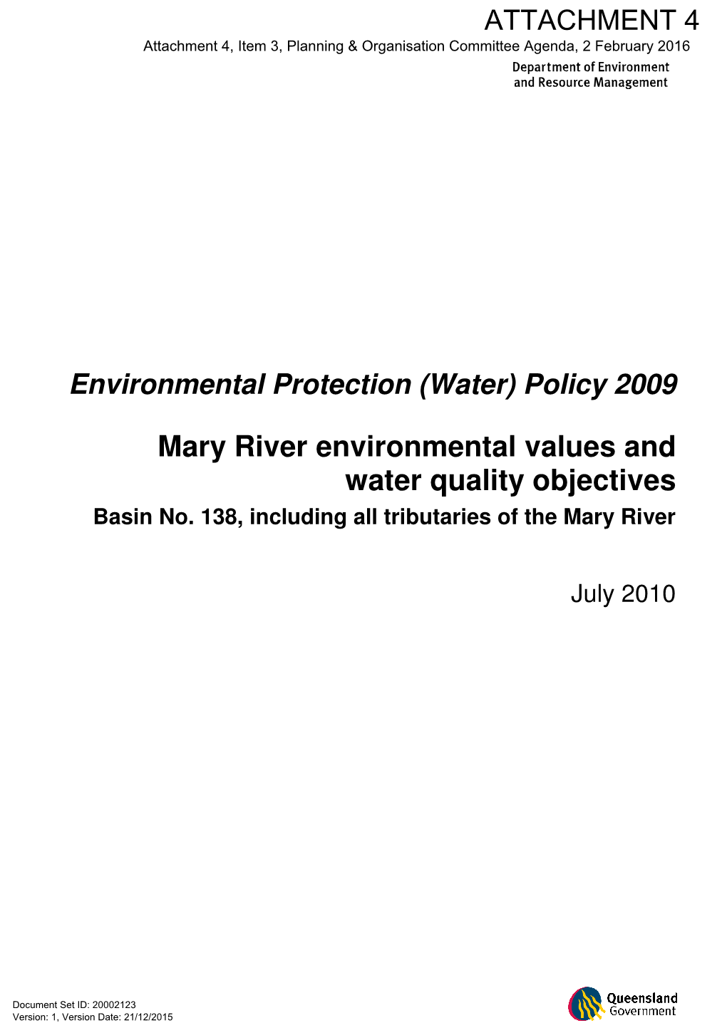 Mary River Environmental Values and Water Quality Objectives Basin No