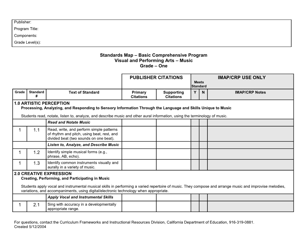 Grade One Music Standards Map - Instructional Materials (CA Dept of Education)