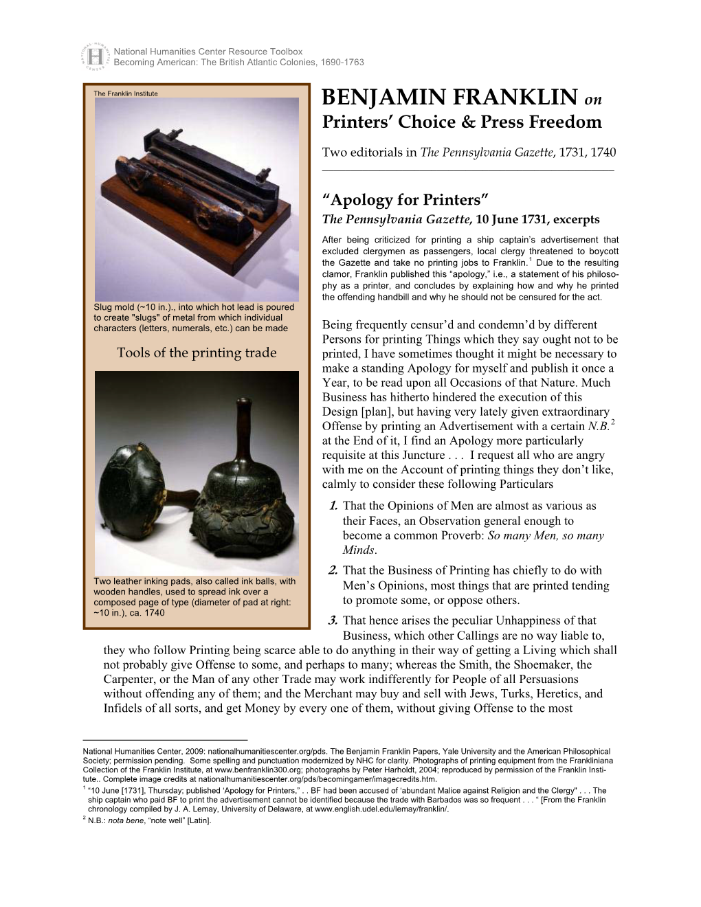 Benjamin Franklin on Printers' Choice