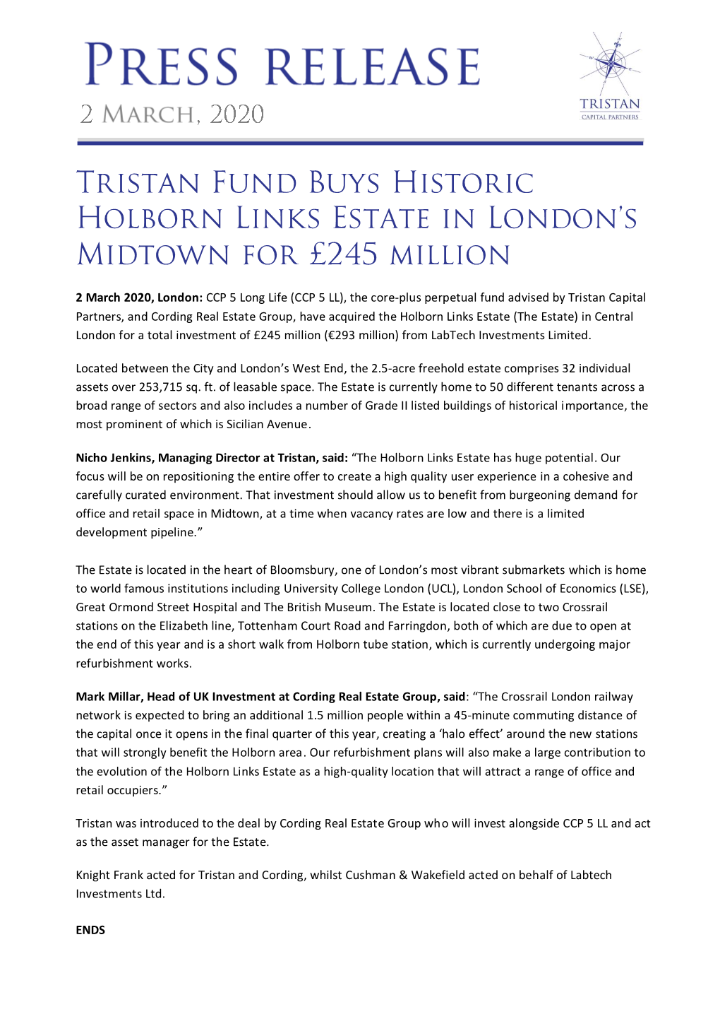 Tristan Fund Buys Historic Holborn Links Estate in London's Midtown for £245 Million