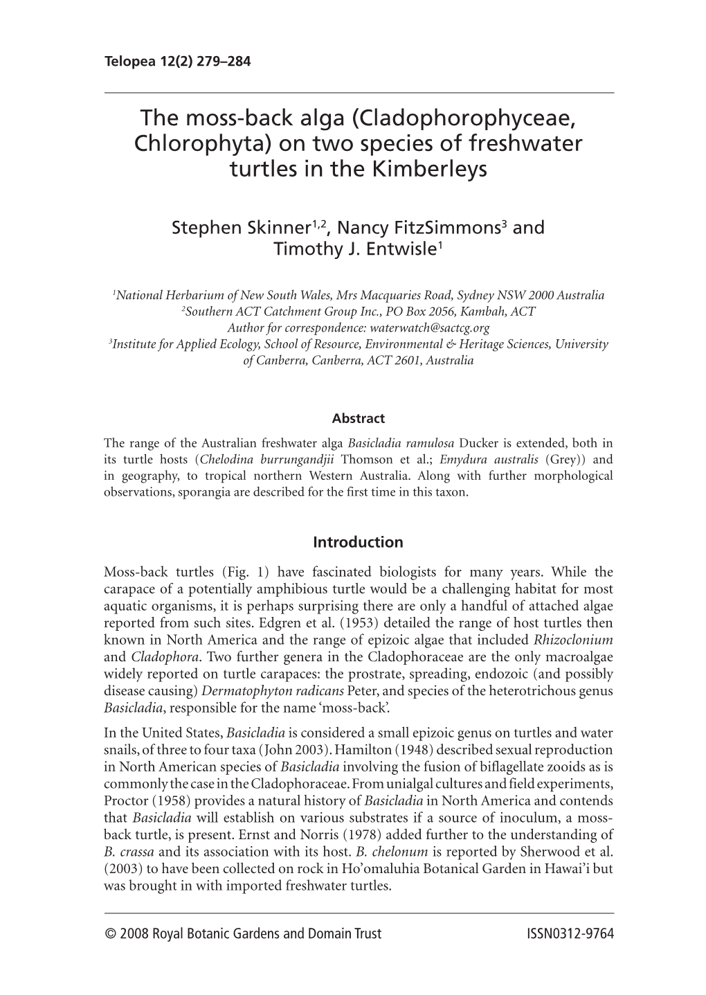 The Moss-Back Alga (Cladophorophyceae, Chlorophyta) on Two Species of Freshwater Turtles in the Kimberleys