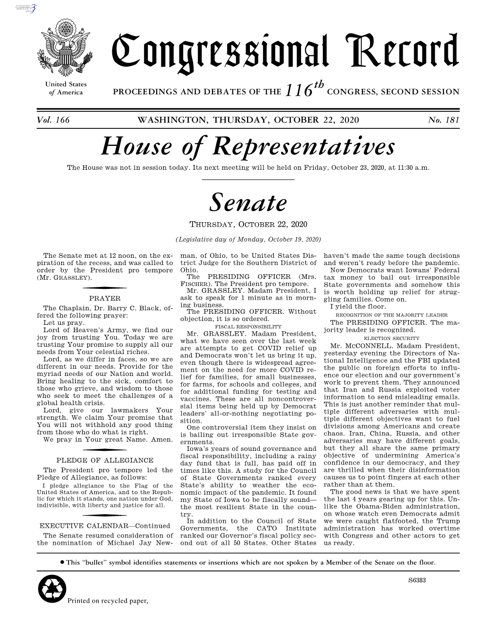 Congressional Record United States Th of America PROCEEDINGS and DEBATES of the 116 CONGRESS, SECOND SESSION