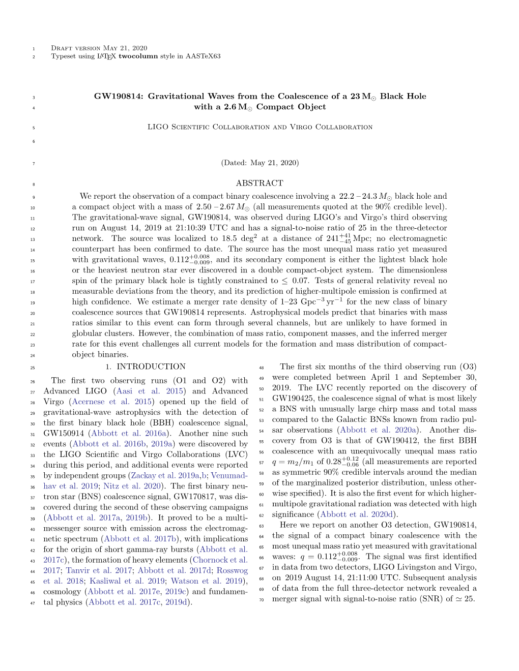 GW190814: Gravitational Waves from the Coalescence of a 23 M Black Hole 4 with a 2.6 M Compact Object