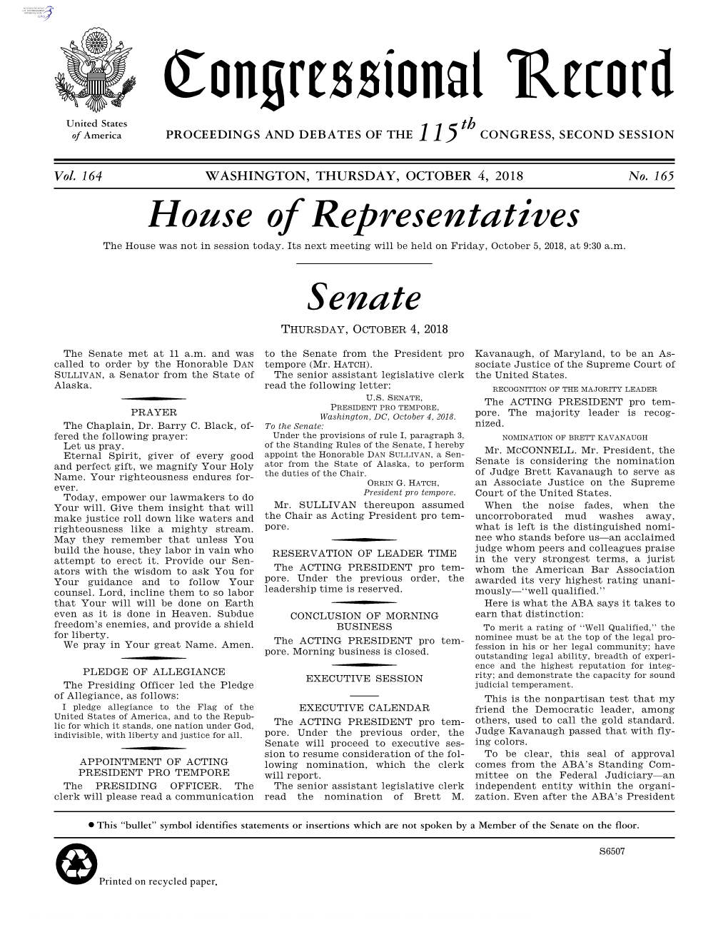 Congressional Record United States Th of America PROCEEDINGS and DEBATES of the 115 CONGRESS, SECOND SESSION