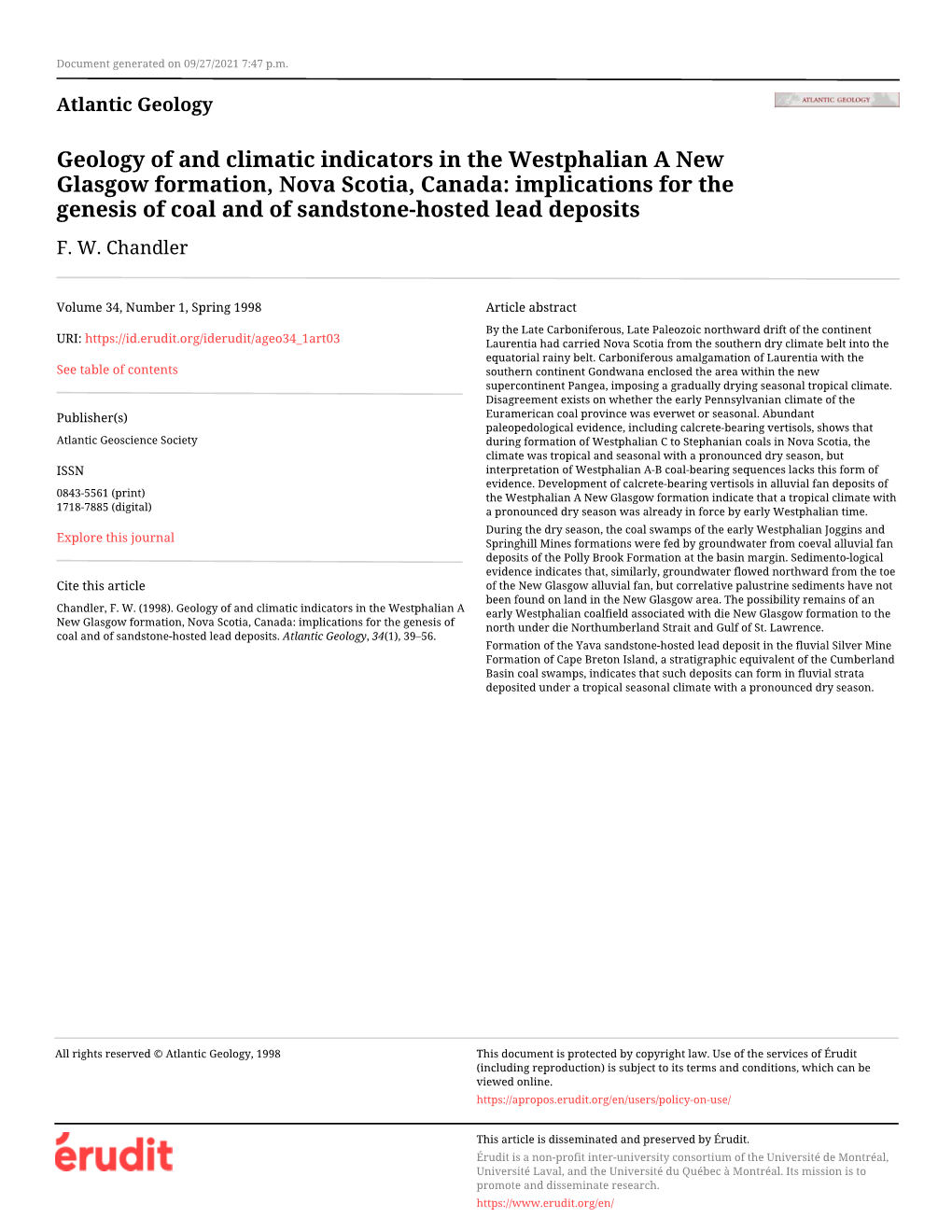 Geology of and Climatic Indicators in the Westphalian a New