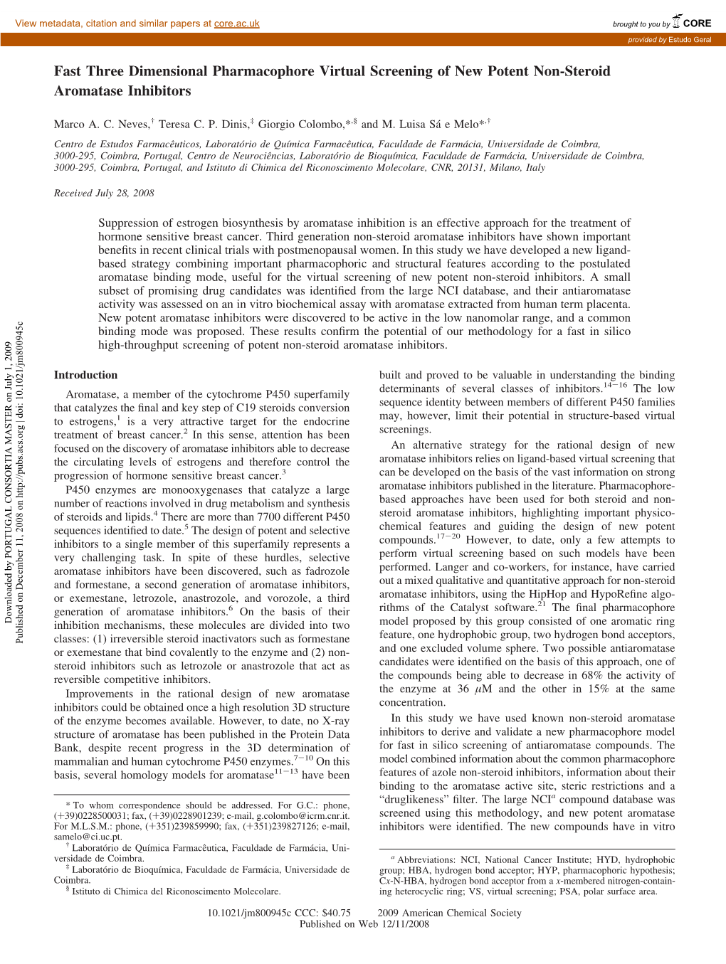 Fast Three Dimensional Pharmacophore Virtual Screening of New Potent Non-Steroid Aromatase Inhibitors