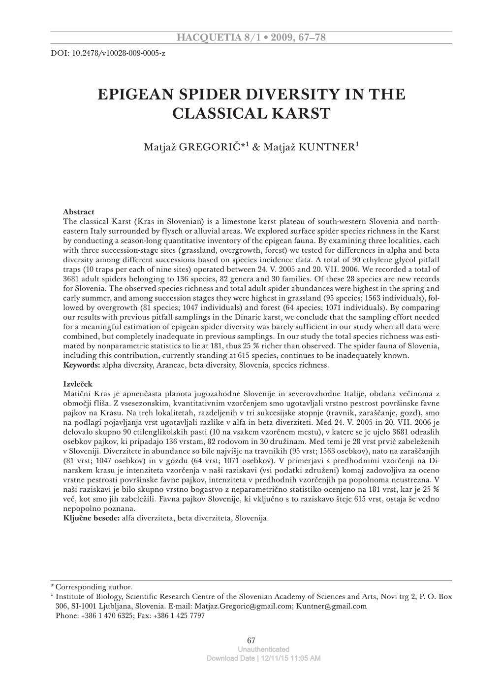 Epigean Spider Diversity in the Classical Karst